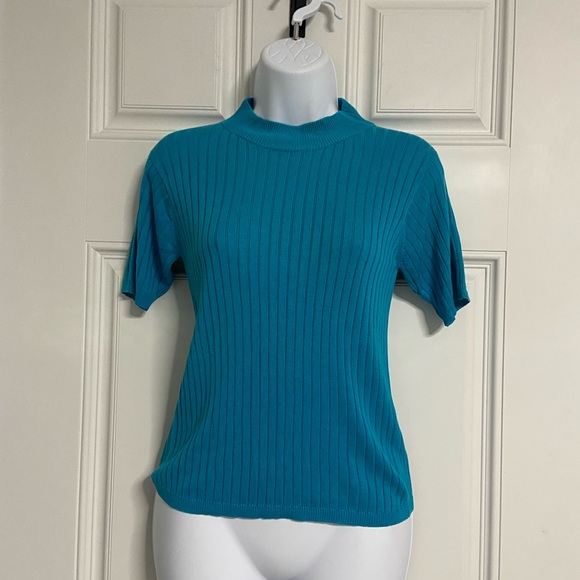 2- KEVO Teal Blue 2-PLY SILK Mock Neck Sweater Knit Top - Picture 1 of 4